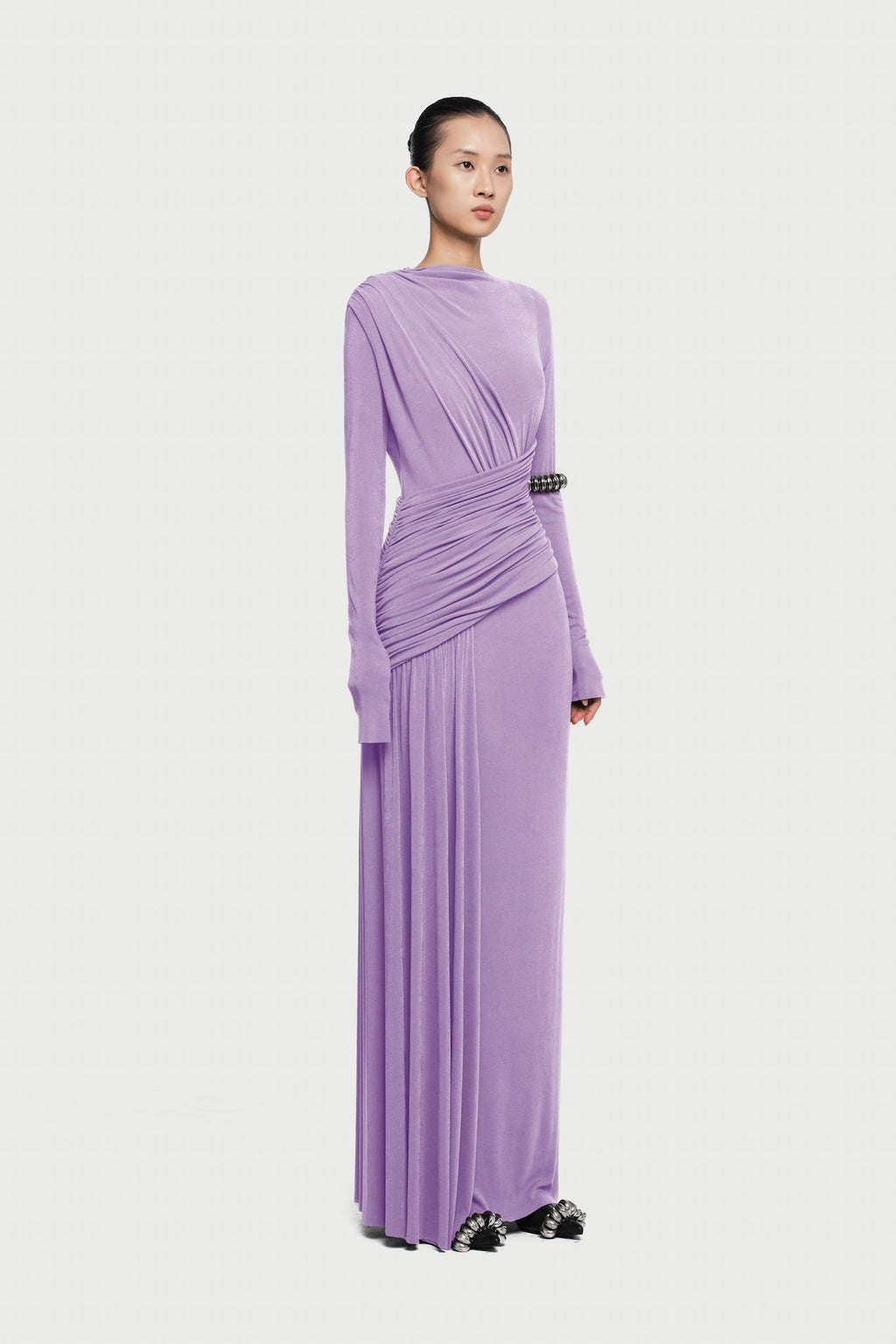 Boat Neck Long Sleeve Diagonal Cross Wrap Ruched Waist Asymmetric Side Panel Maxi Gown - MAYMOONLY