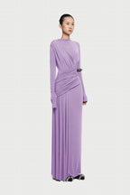 Boat Neck Long Sleeve Diagonal Cross Wrap Ruched Waist Asymmetric Side Panel Maxi Gown - MAYMOONLY