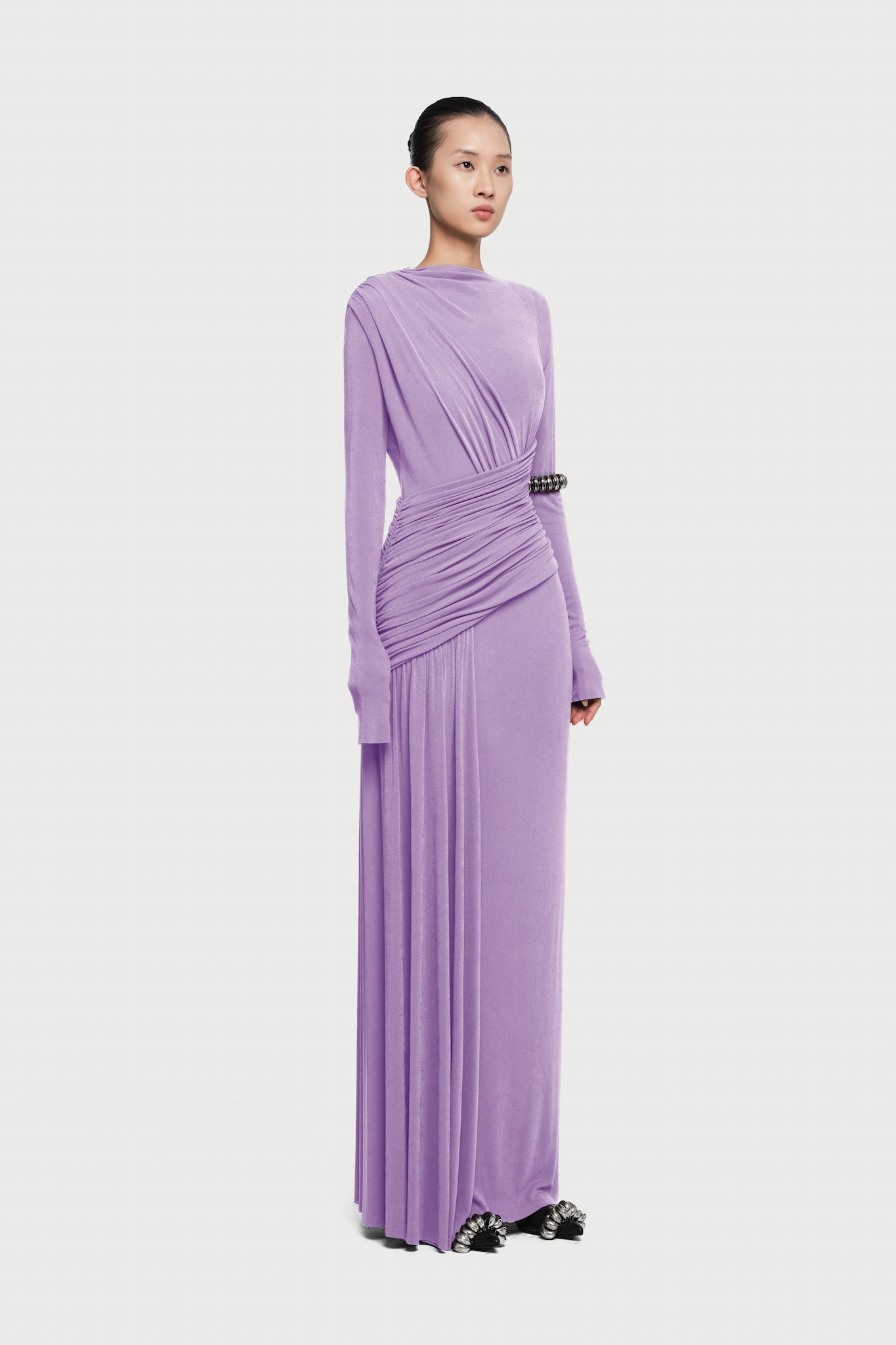 Boat Neck Long Sleeve Diagonal Cross Wrap Ruched Waist Asymmetric Side Panel Maxi Gown - MAYMOONLY