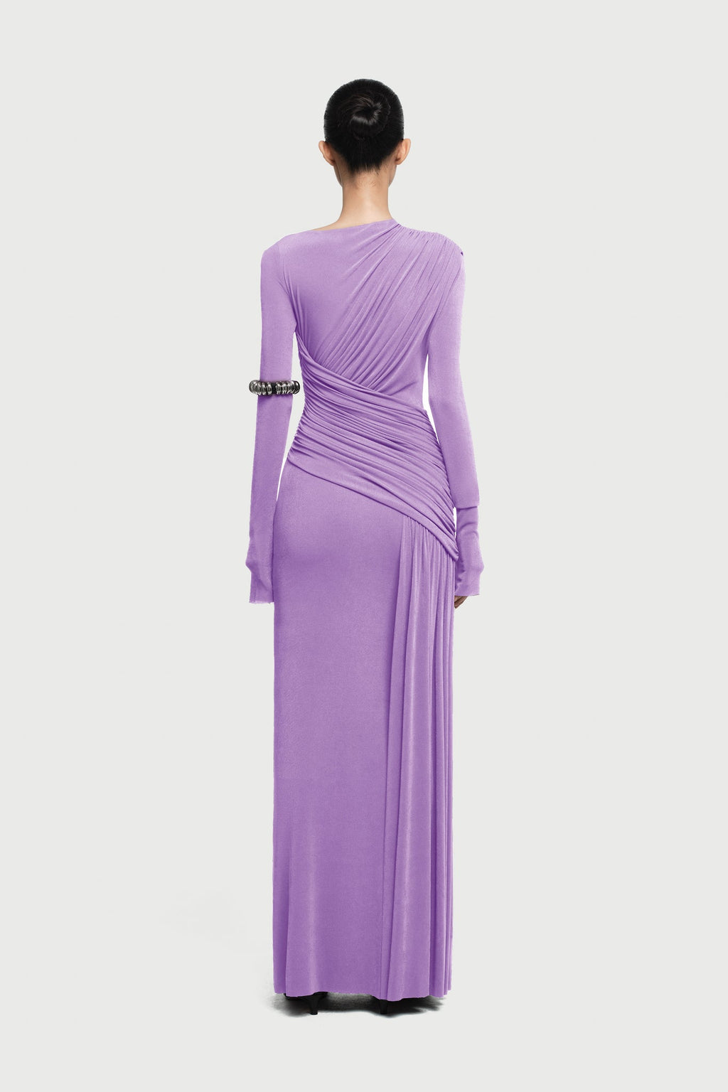 Boat Neck Long Sleeve Diagonal Cross Wrap Ruched Waist Asymmetric Side Panel Maxi Gown - MAYMOONLY