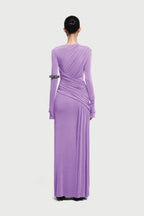 Boat Neck Long Sleeve Diagonal Cross Wrap Ruched Waist Asymmetric Side Panel Maxi Gown - MAYMOONLY