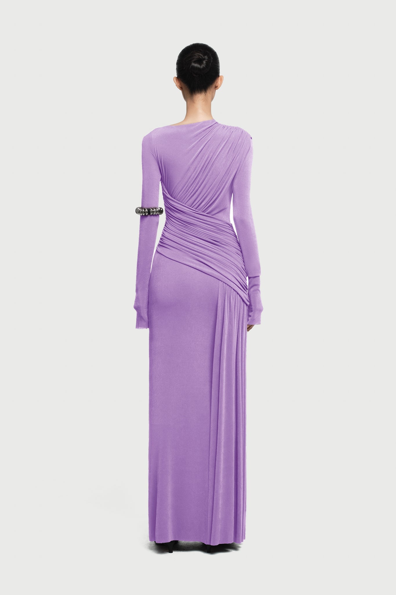 Boat Neck Long Sleeve Diagonal Cross Wrap Ruched Waist Asymmetric Side Panel Maxi Gown - MAYMOONLY