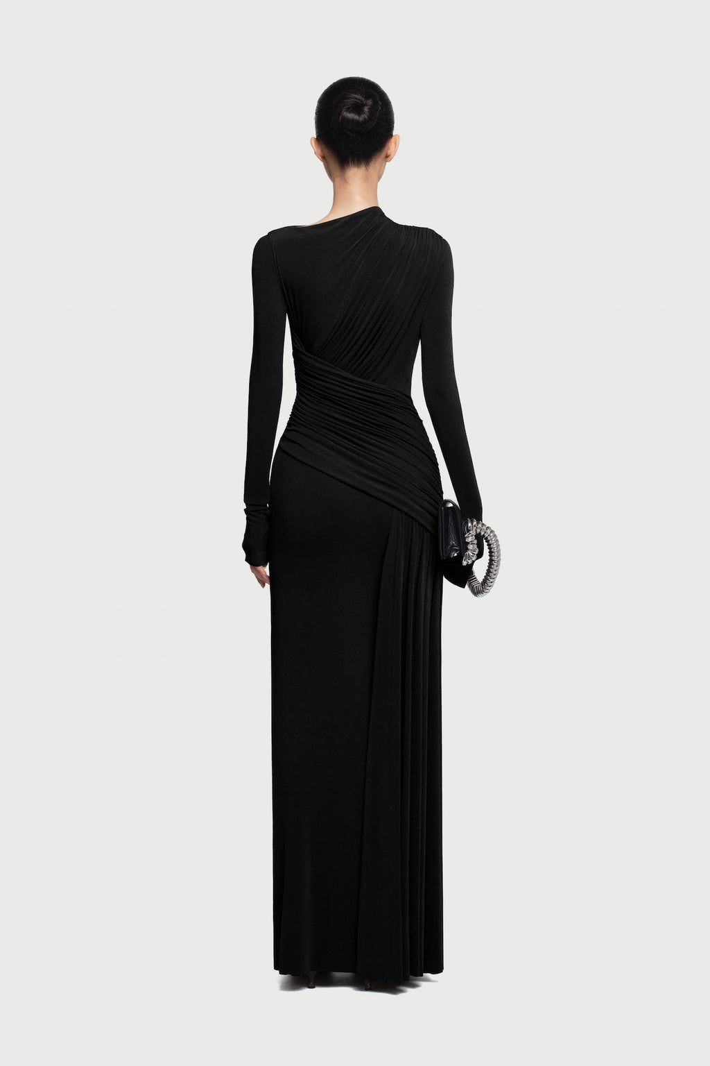 Boat Neck Long Sleeve Diagonal Cross Wrap Ruched Waist Asymmetric Side Panel Maxi Gown - MAYMOONLY