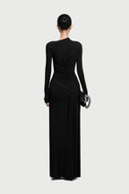 Boat Neck Long Sleeve Diagonal Cross Wrap Ruched Waist Asymmetric Side Panel Maxi Gown - MAYMOONLY