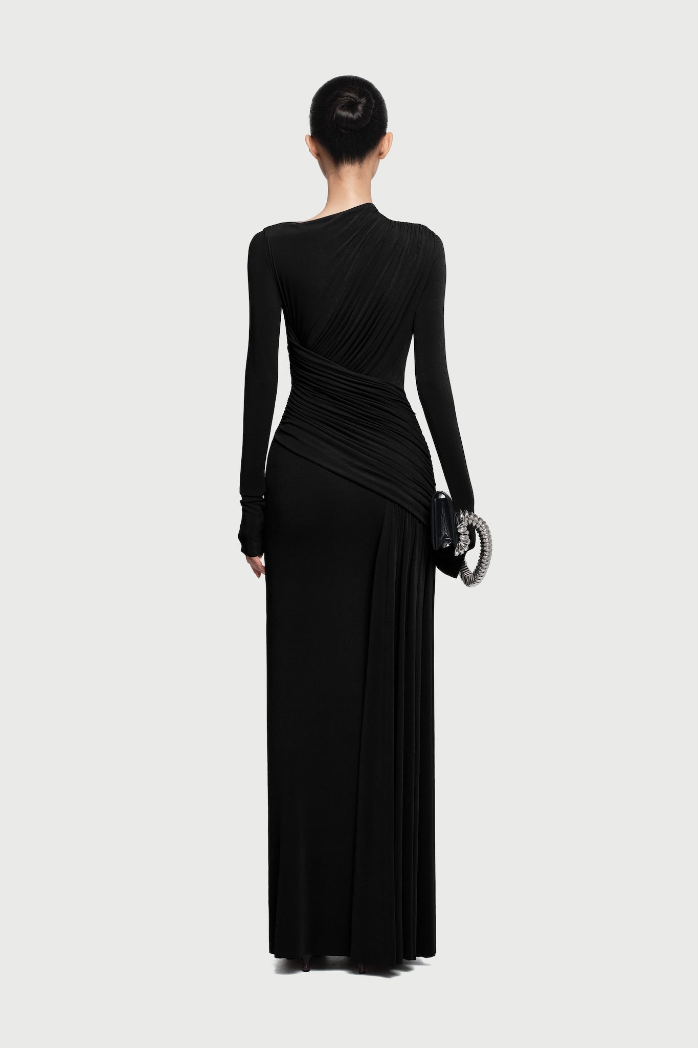 Boat Neck Long Sleeve Diagonal Cross Wrap Ruched Waist Asymmetric Side Panel Maxi Gown - MAYMOONLY