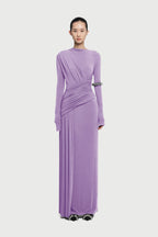 Boat Neck Long Sleeve Diagonal Cross Wrap Ruched Waist Asymmetric Side Panel Maxi Gown - MAYMOONLY