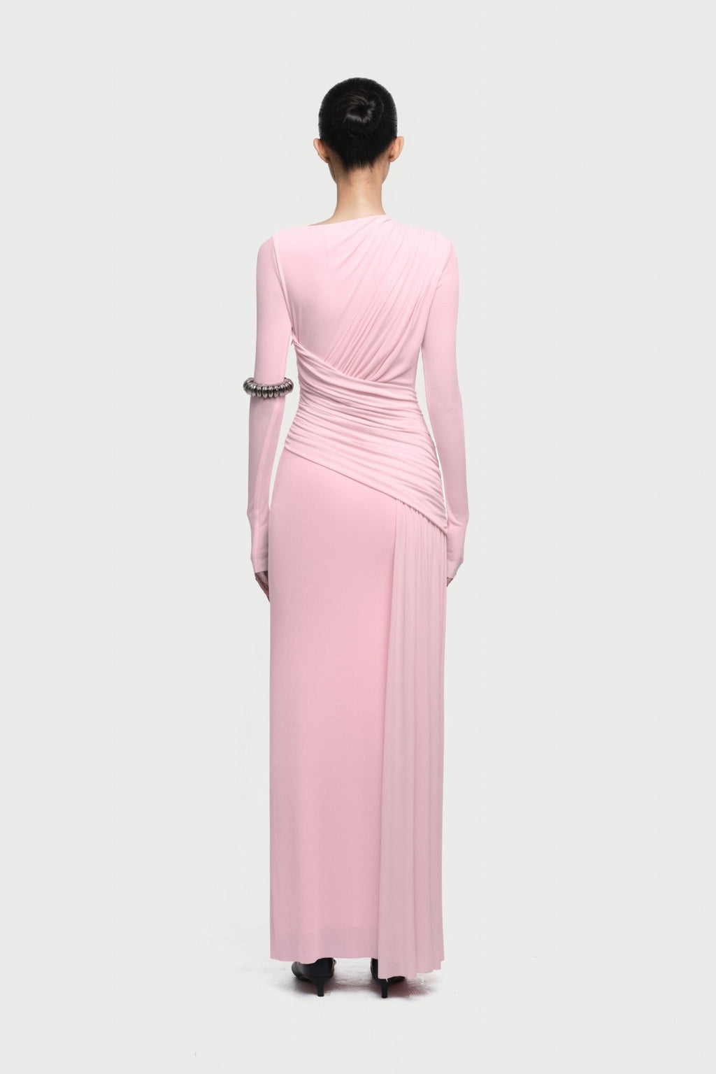 Boat Neck Long Sleeve Diagonal Cross Wrap Ruched Waist Asymmetric Side Panel Maxi Gown - MAYMOONLY