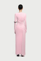 Boat Neck Long Sleeve Diagonal Cross Wrap Ruched Waist Asymmetric Side Panel Maxi Gown - MAYMOONLY