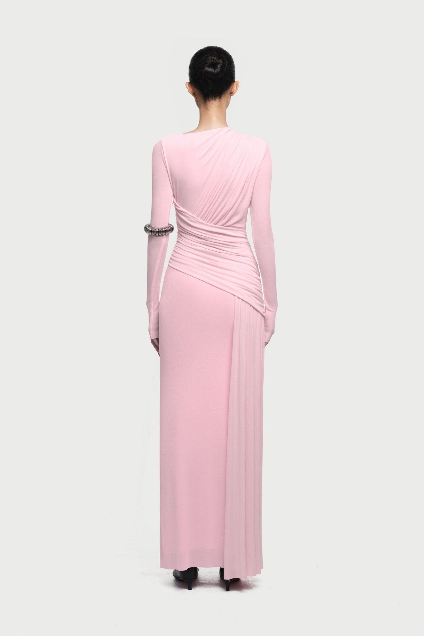 Boat Neck Long Sleeve Diagonal Cross Wrap Ruched Waist Asymmetric Side Panel Maxi Gown - MAYMOONLY