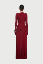 Boat Neck Shoulder Cutout Metal Ring Hardware Diagonal Wrap Ruched Waist Flare Long Sleeve Maxi Gown - MAYMOONLY