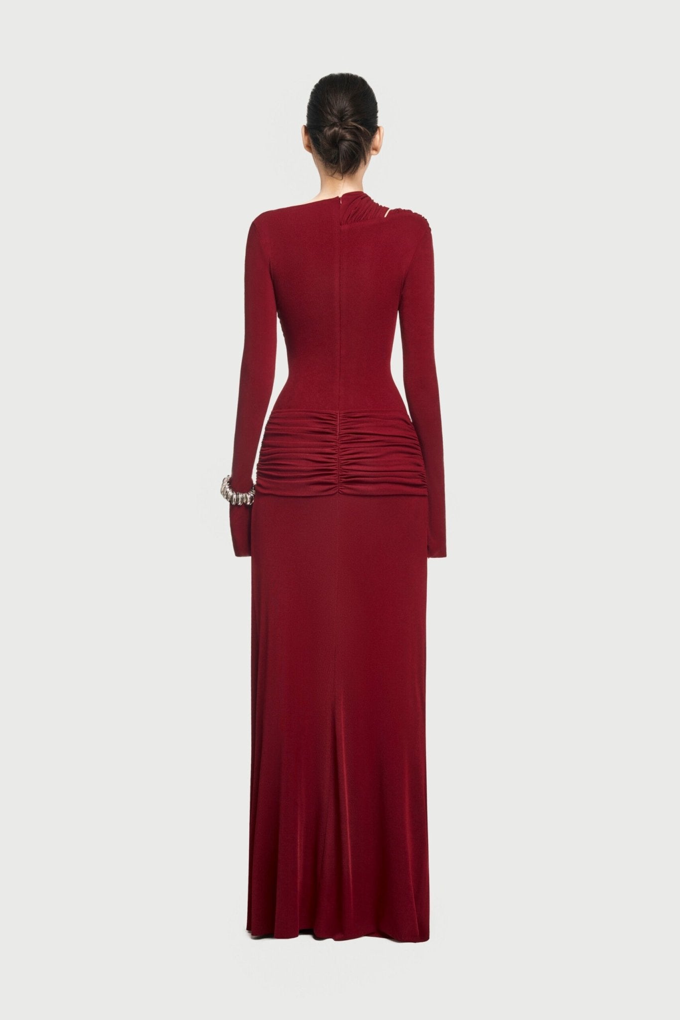 Boat Neck Shoulder Cutout Metal Ring Hardware Diagonal Wrap Ruched Waist Flare Long Sleeve Maxi Gown - MAYMOONLY