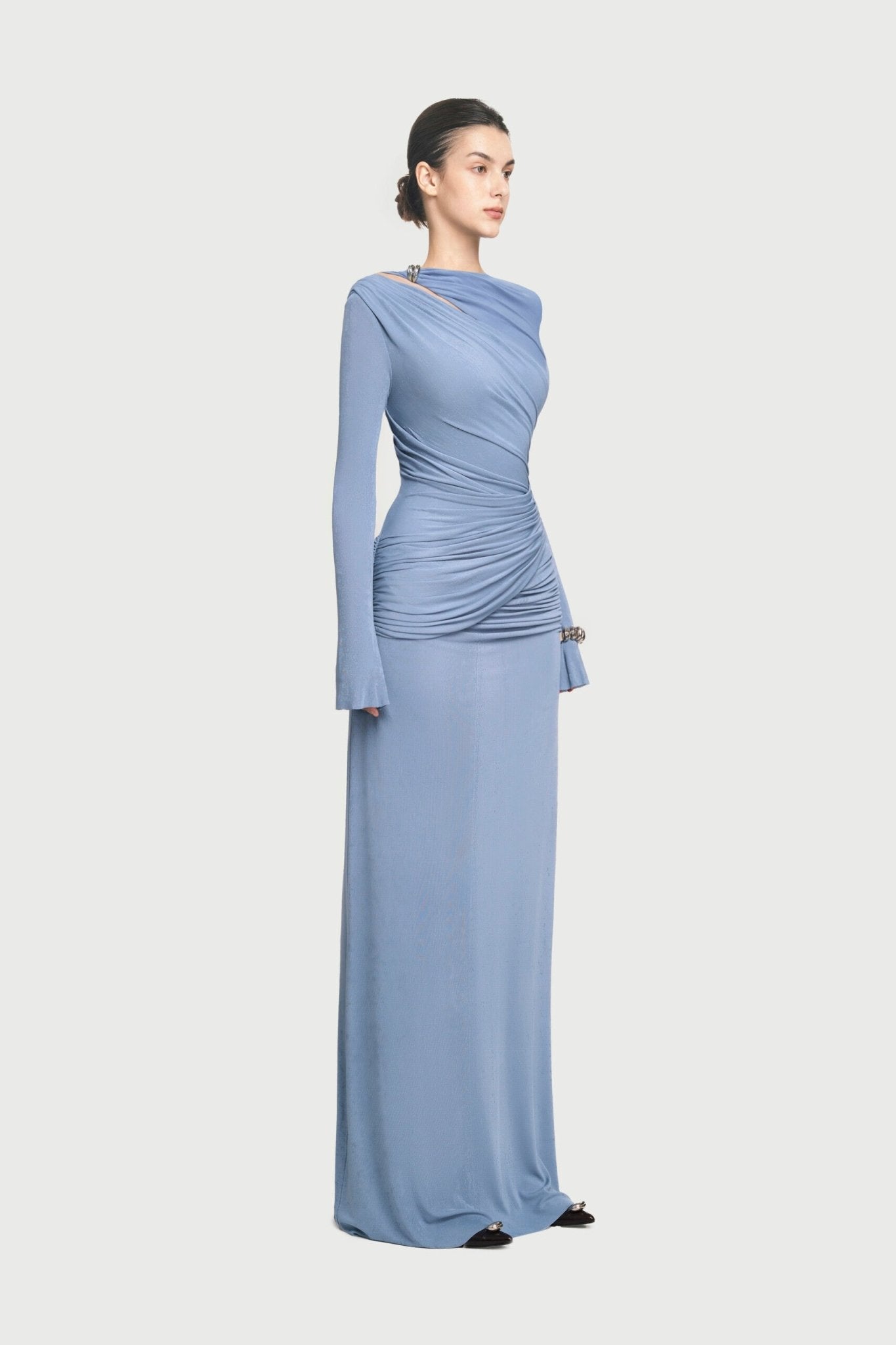 Boat Neck Shoulder Cutout Metal Ring Hardware Diagonal Wrap Ruched Waist Flare Long Sleeve Maxi Gown - MAYMOONLY