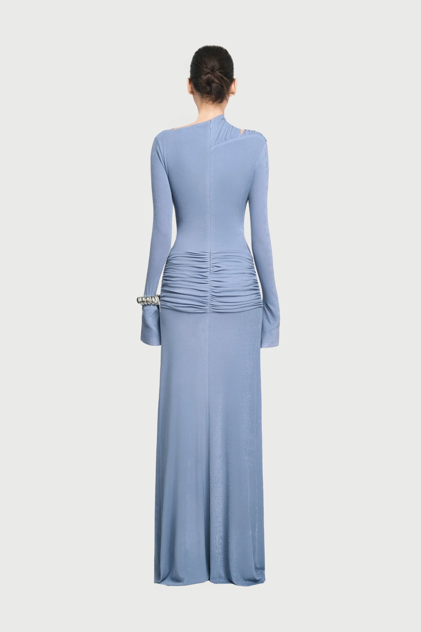 Boat Neck Shoulder Cutout Metal Ring Hardware Diagonal Wrap Ruched Waist Flare Long Sleeve Maxi Gown - MAYMOONLY