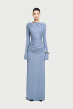 Boat Neck Shoulder Cutout Metal Ring Hardware Diagonal Wrap Ruched Waist Flare Long Sleeve Maxi Gown - MAYMOONLY