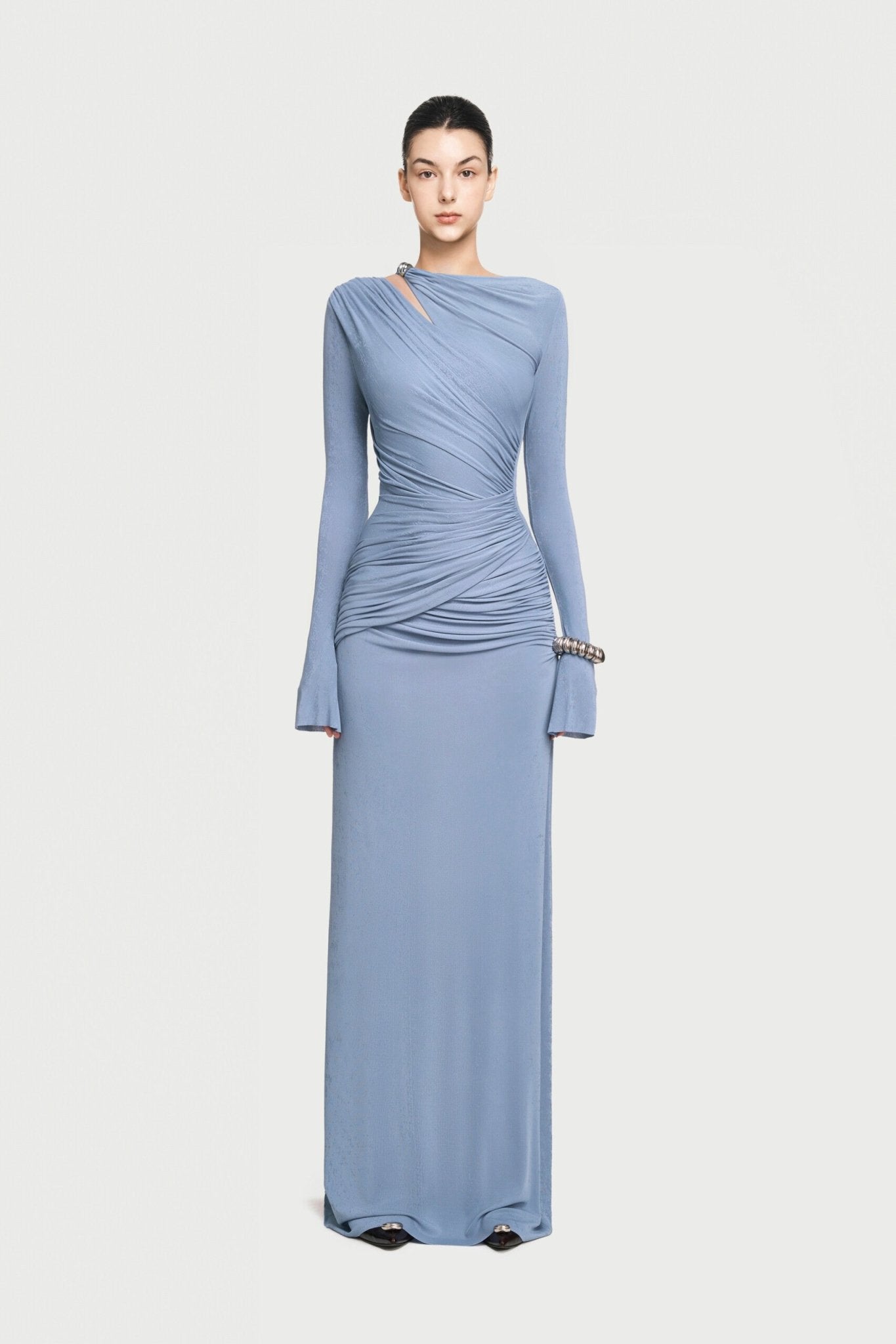 Boat Neck Shoulder Cutout Metal Ring Hardware Diagonal Wrap Ruched Waist Flare Long Sleeve Maxi Gown - MAYMOONLY