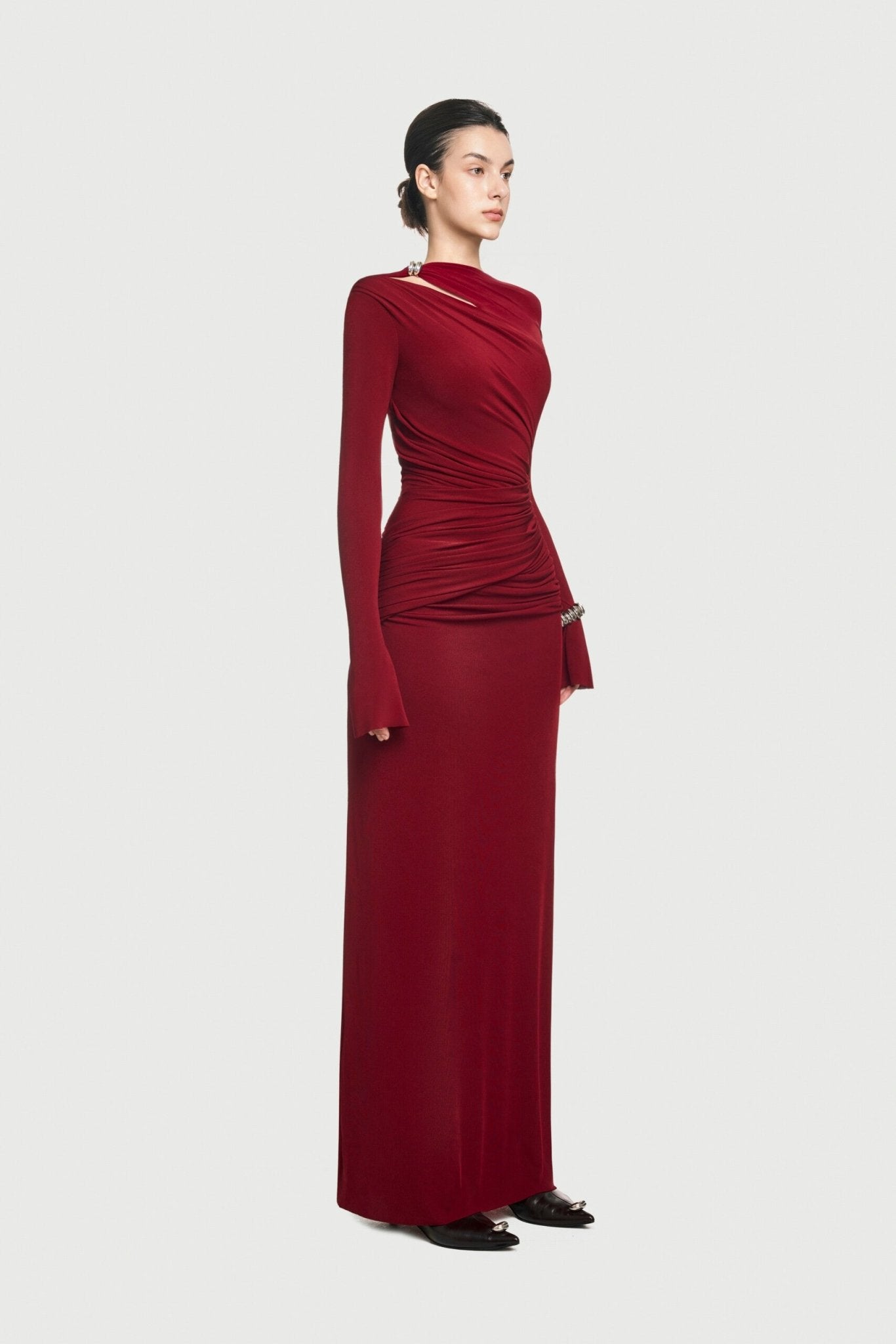 Boat Neck Shoulder Cutout Metal Ring Hardware Diagonal Wrap Ruched Waist Flare Long Sleeve Maxi Gown - MAYMOONLY