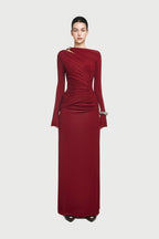 Boat Neck Shoulder Cutout Metal Ring Hardware Diagonal Wrap Ruched Waist Flare Long Sleeve Maxi Gown - MAYMOONLY