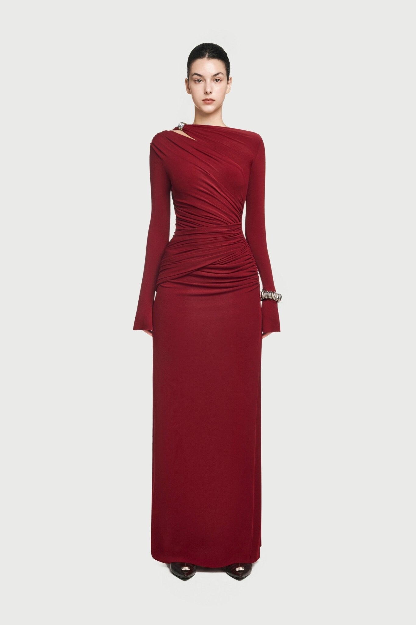 Boat Neck Shoulder Cutout Metal Ring Hardware Diagonal Wrap Ruched Waist Flare Long Sleeve Maxi Gown - MAYMOONLY