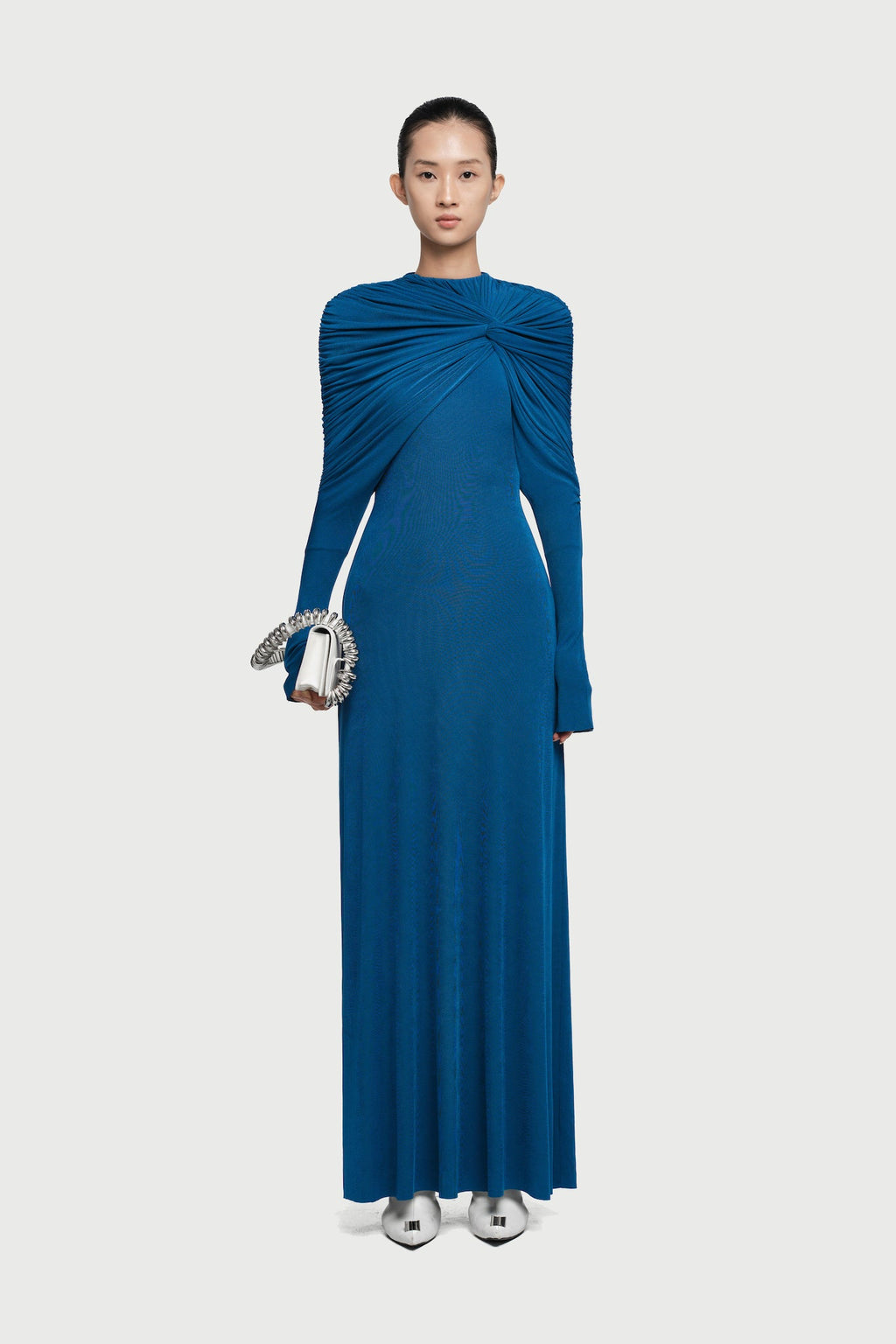 Cross Cape Twist Front Gathered High Neck Long Sleeve Event Maxi Gown - MAYMOONLY