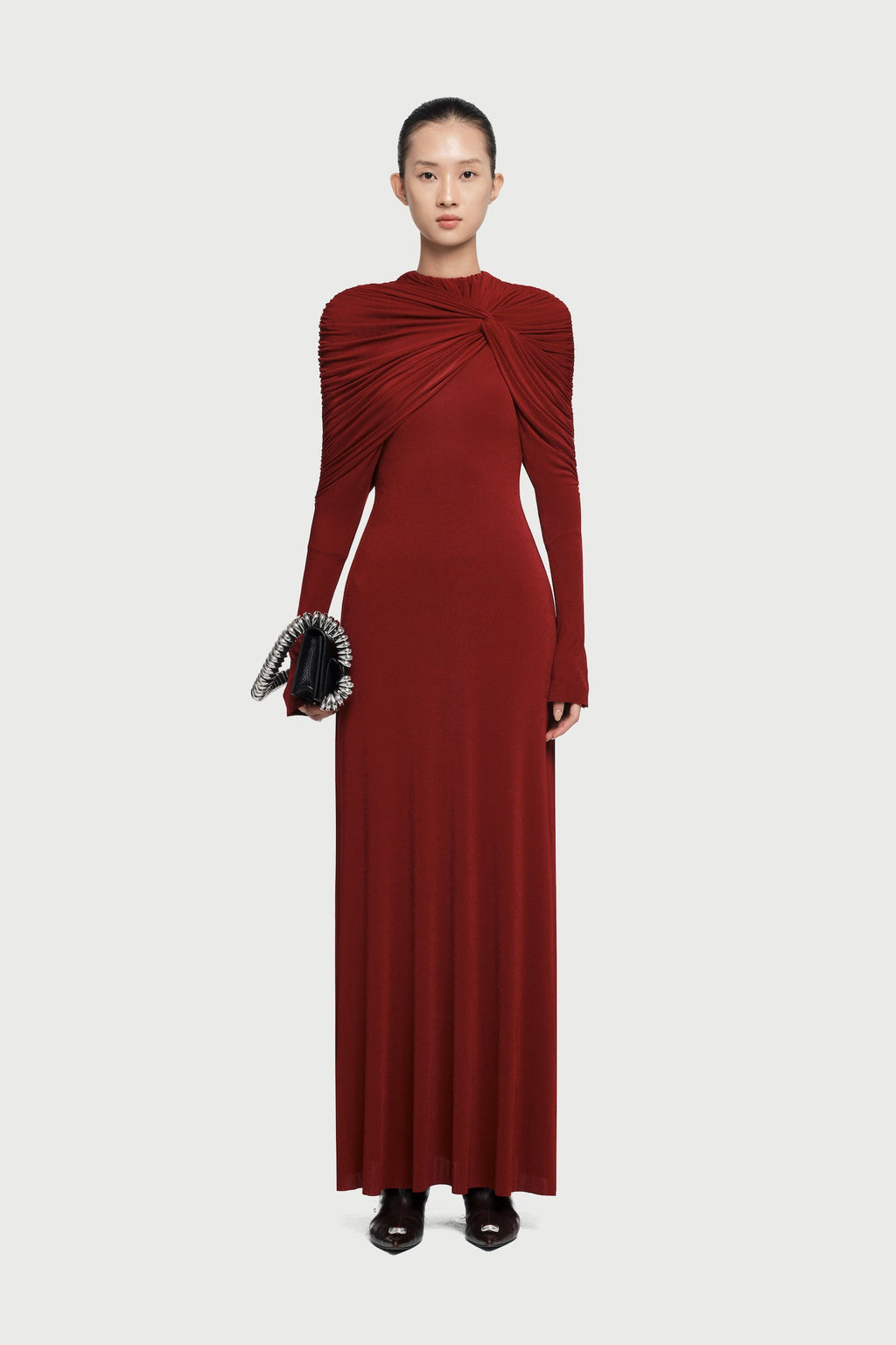 Cross Cape Twist Front Gathered High Neck Long Sleeve Event Maxi Gown - MAYMOONLY