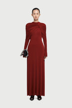 Cross Cape Twist Front Gathered High Neck Long Sleeve Event Maxi Gown - MAYMOONLY