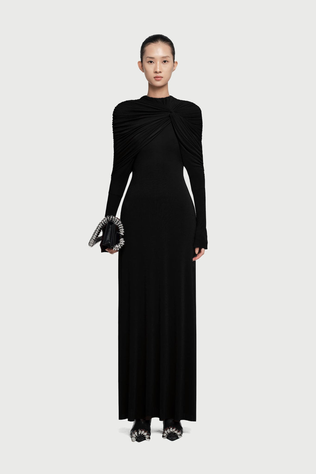 Cross Cape Twist Front Gathered High Neck Long Sleeve Event Maxi Gown - MAYMOONLY