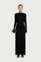 Cross Cape Twist Front Gathered High Neck Long Sleeve Event Maxi Gown - MAYMOONLY
