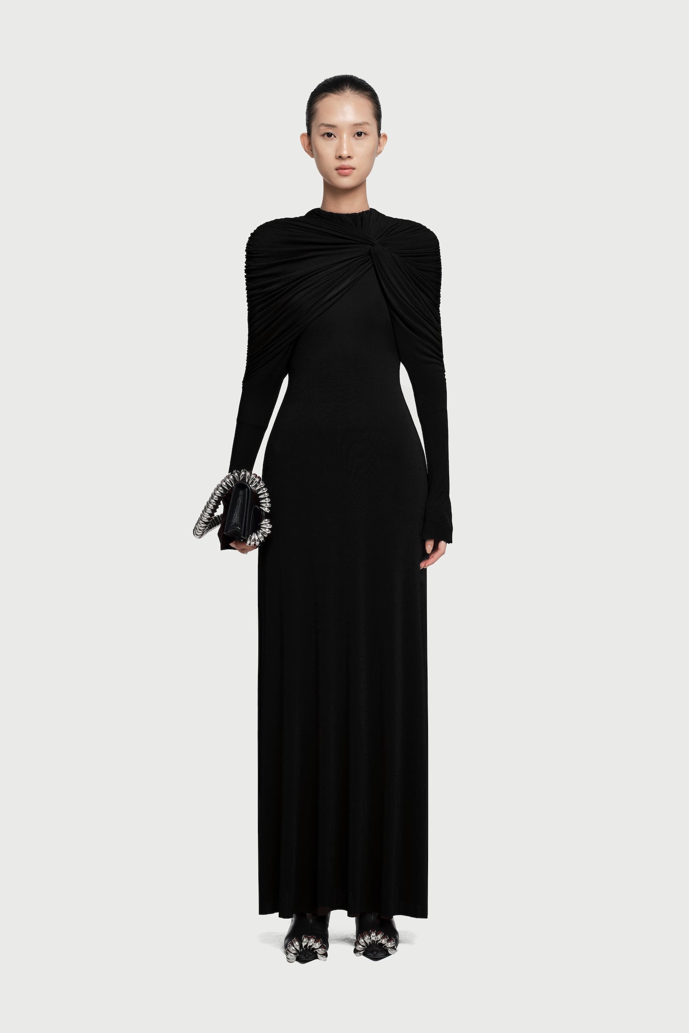Cross Cape Twist Front Gathered High Neck Long Sleeve Event Maxi Gown - MAYMOONLY