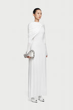 Cross Cape Twist Front Gathered High Neck Long Sleeve Event Maxi Gown - MAYMOONLY