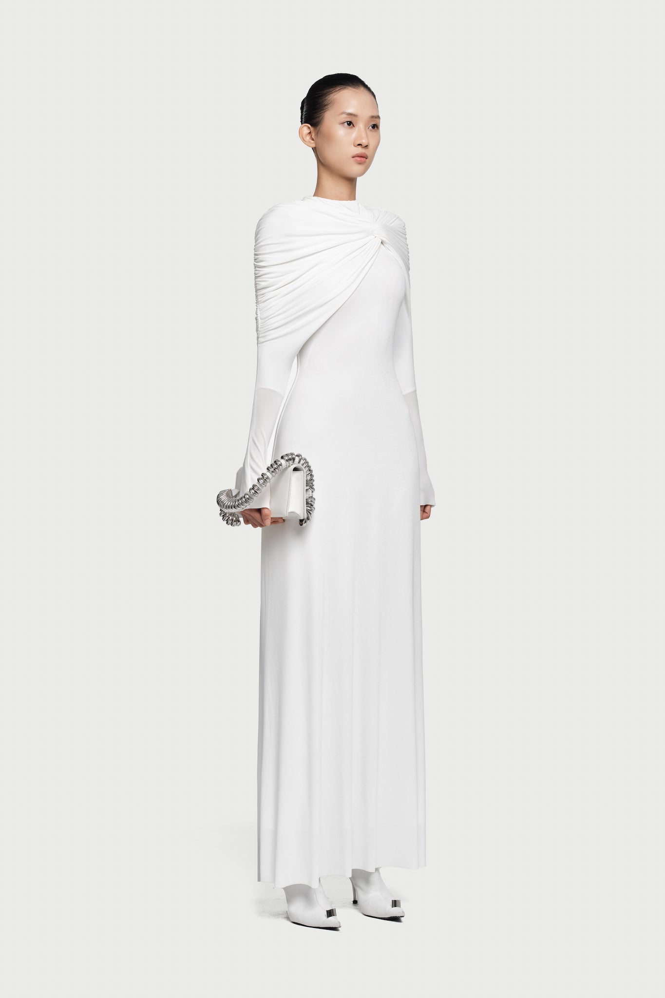 Cross Cape Twist Front Gathered High Neck Long Sleeve Event Maxi Gown - MAYMOONLY