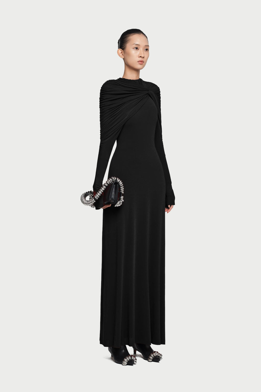 Cross Cape Twist Front Gathered High Neck Long Sleeve Event Maxi Gown - MAYMOONLY