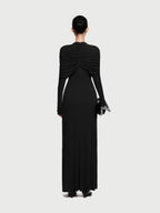 Cross Cape Twist Front Gathered High Neck Long Sleeve Event Maxi Gown - MAYMOONLY