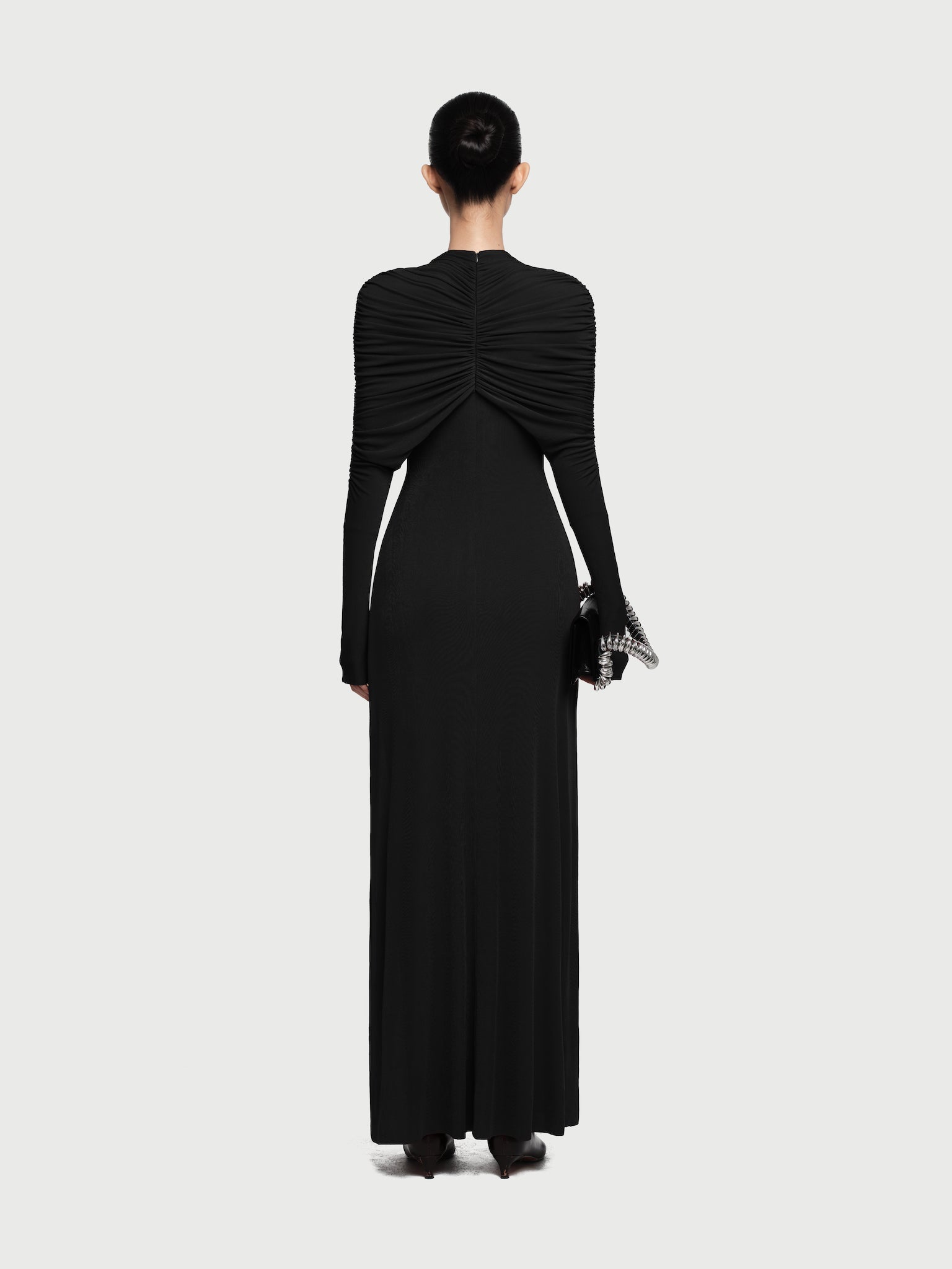 Cross Cape Twist Front Gathered High Neck Long Sleeve Event Maxi Gown - MAYMOONLY