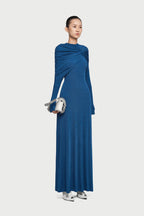 Cross Cape Twist Front Gathered High Neck Long Sleeve Event Maxi Gown - MAYMOONLY