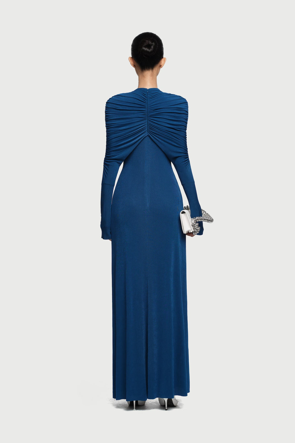 Cross Cape Twist Front Gathered High Neck Long Sleeve Event Maxi Gown - MAYMOONLY