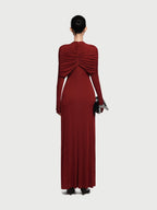 Cross Cape Twist Front Gathered High Neck Long Sleeve Event Maxi Gown - MAYMOONLY