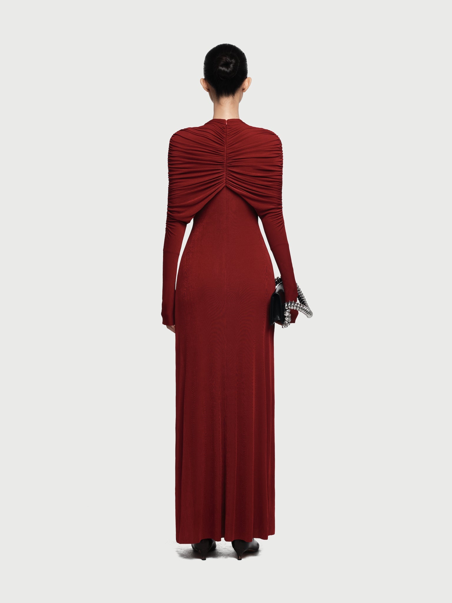 Cross Cape Twist Front Gathered High Neck Long Sleeve Event Maxi Gown - MAYMOONLY