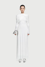 Cross Cape Twist Front Gathered High Neck Long Sleeve Event Maxi Gown - MAYMOONLY