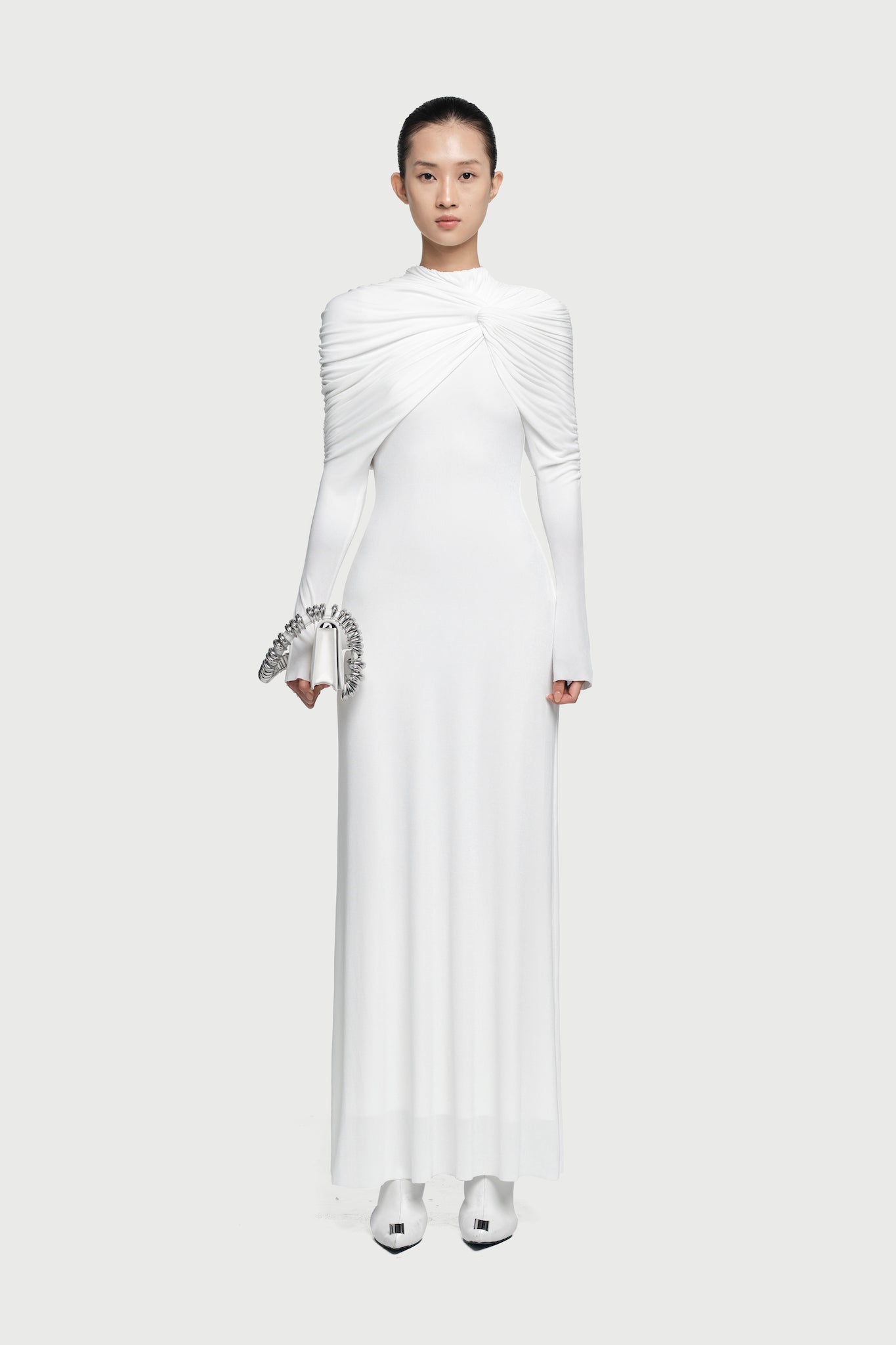 Cross Cape Twist Front Gathered High Neck Long Sleeve Event Maxi Gown - MAYMOONLY