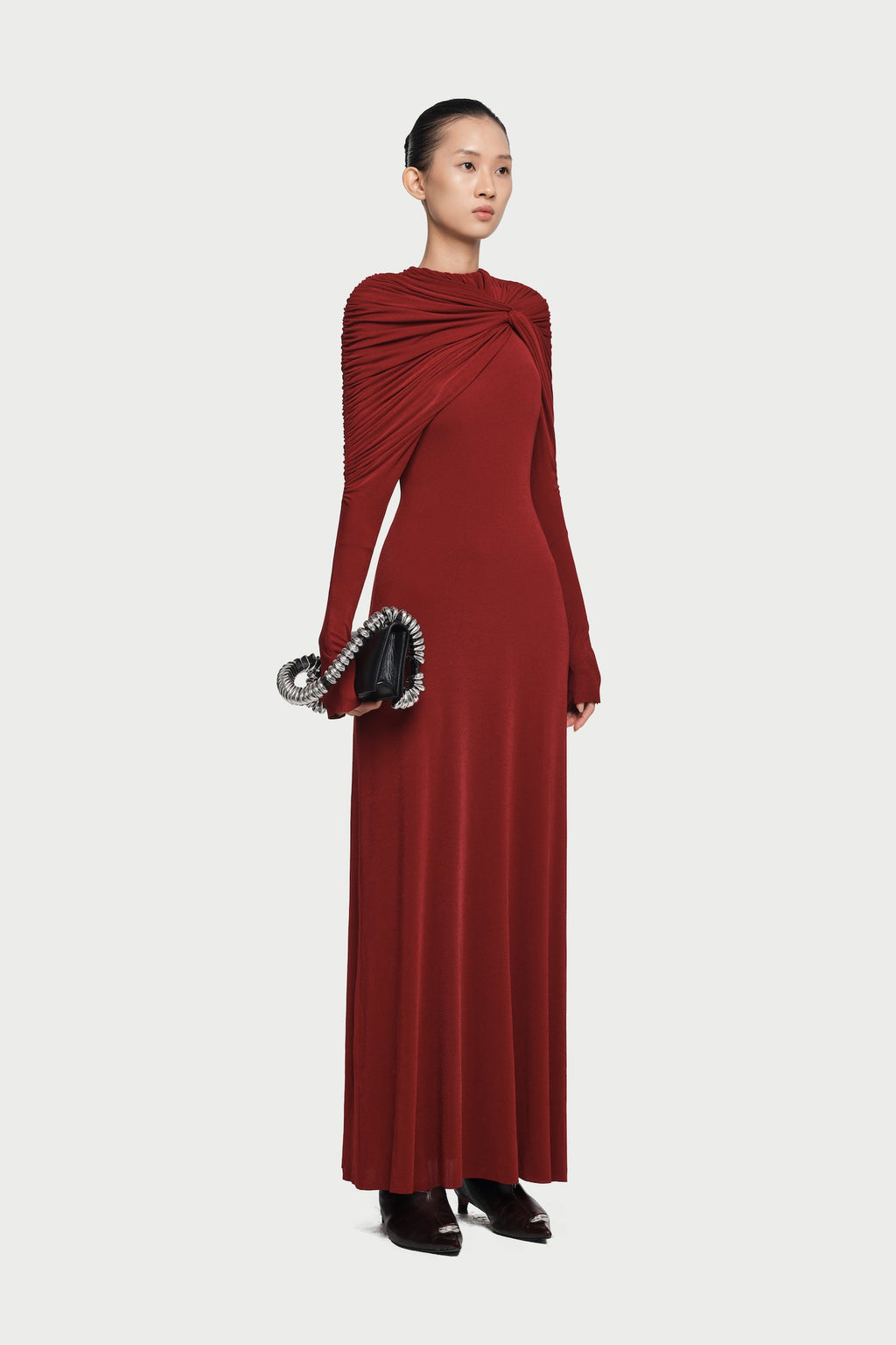 Cross Cape Twist Front Gathered High Neck Long Sleeve Event Maxi Gown - MAYMOONLY