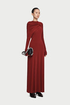 Cross Cape Twist Front Gathered High Neck Long Sleeve Event Maxi Gown - MAYMOONLY