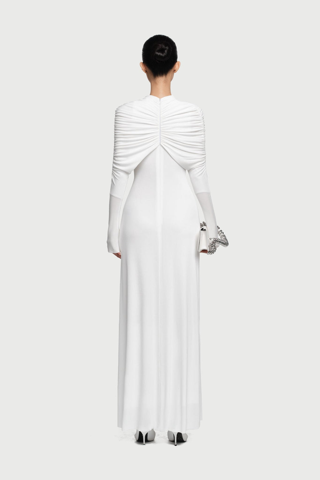 Cross Cape Twist Front Gathered High Neck Long Sleeve Event Maxi Gown - MAYMOONLY