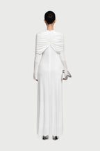 Cross Cape Twist Front Gathered High Neck Long Sleeve Event Maxi Gown - MAYMOONLY