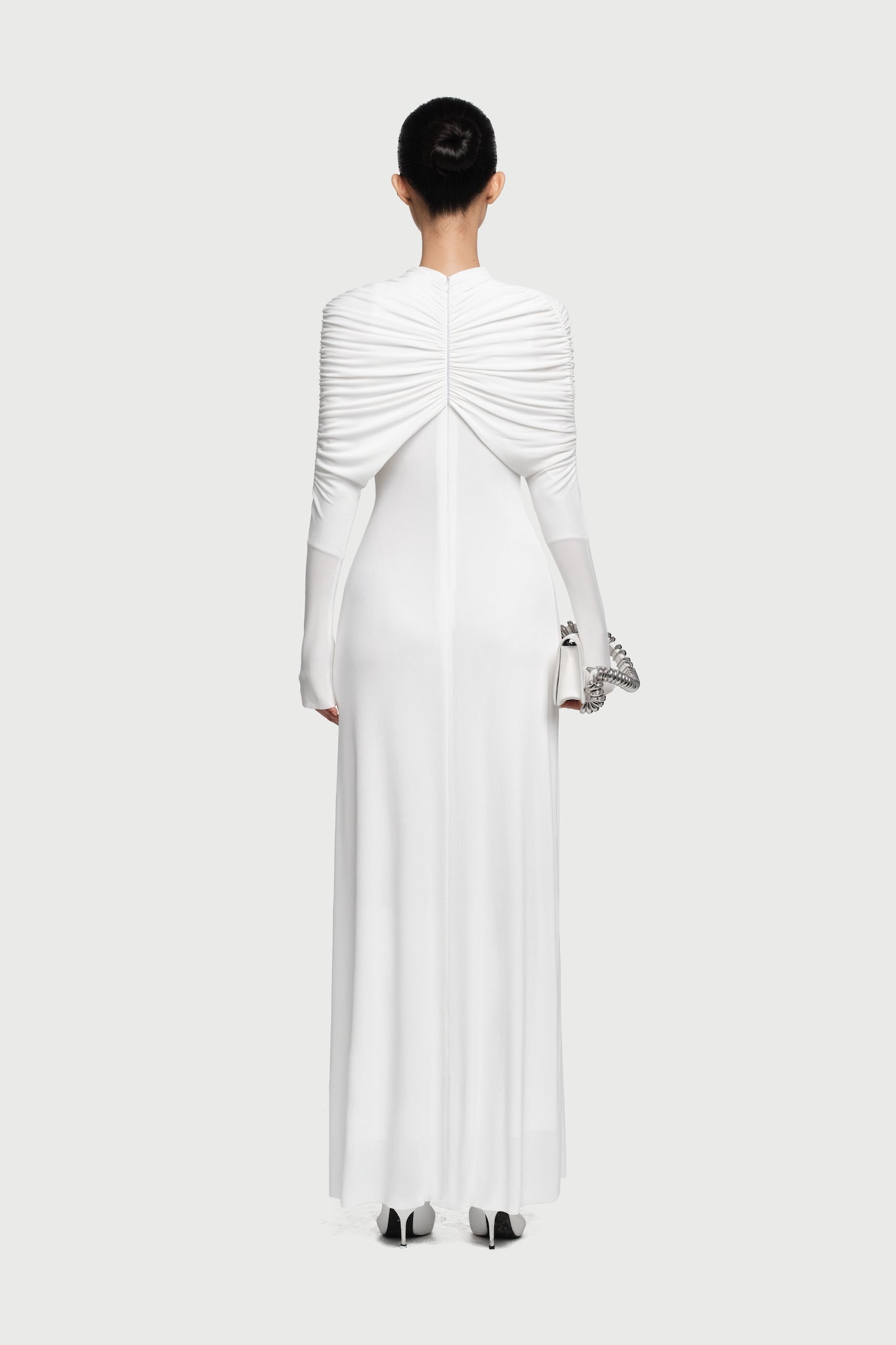 Cross Cape Twist Front Gathered High Neck Long Sleeve Event Maxi Gown - MAYMOONLY