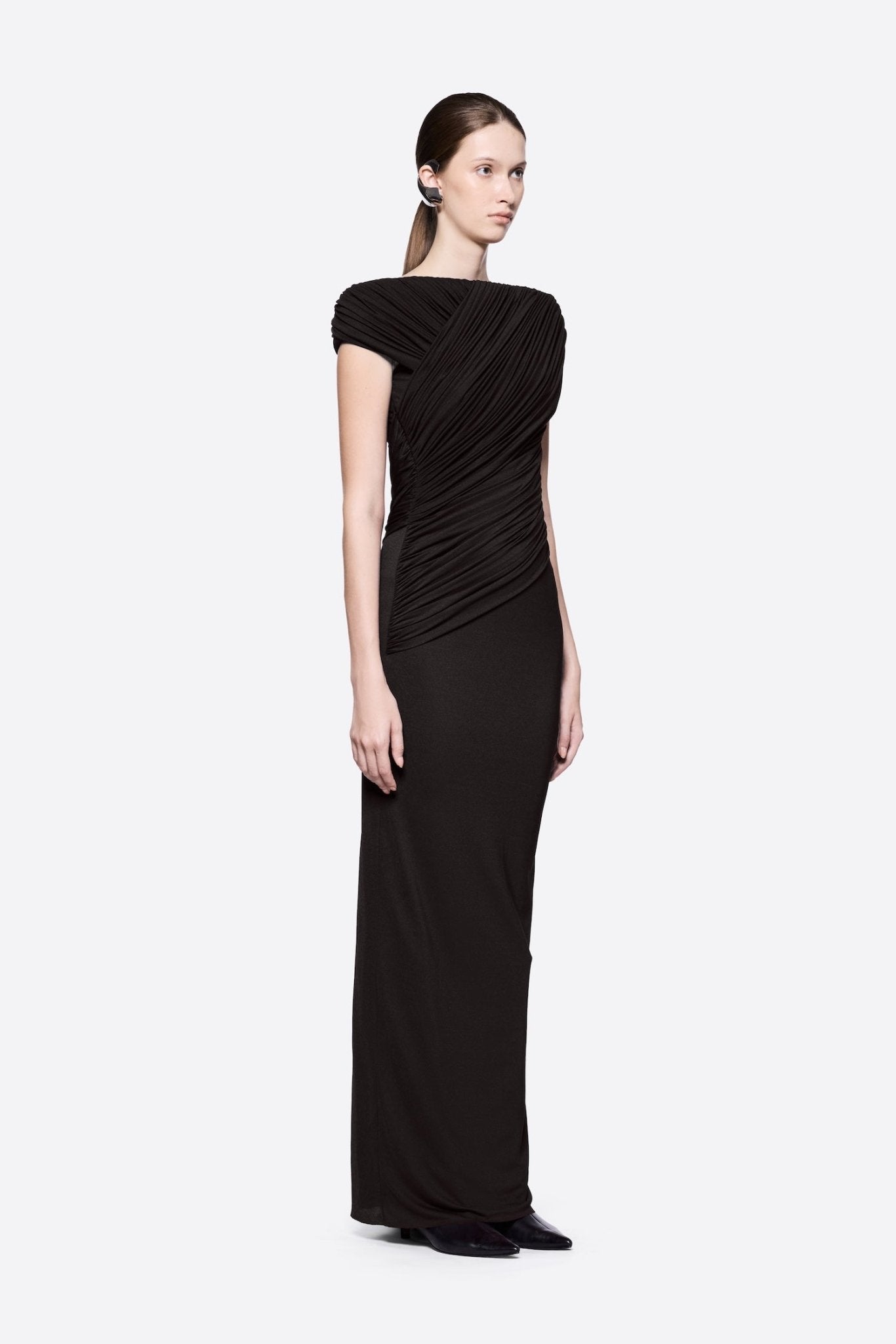 Diagonal Draped Ruched Bodice Sleeveless Floor Length Dress - MAYMOONLY