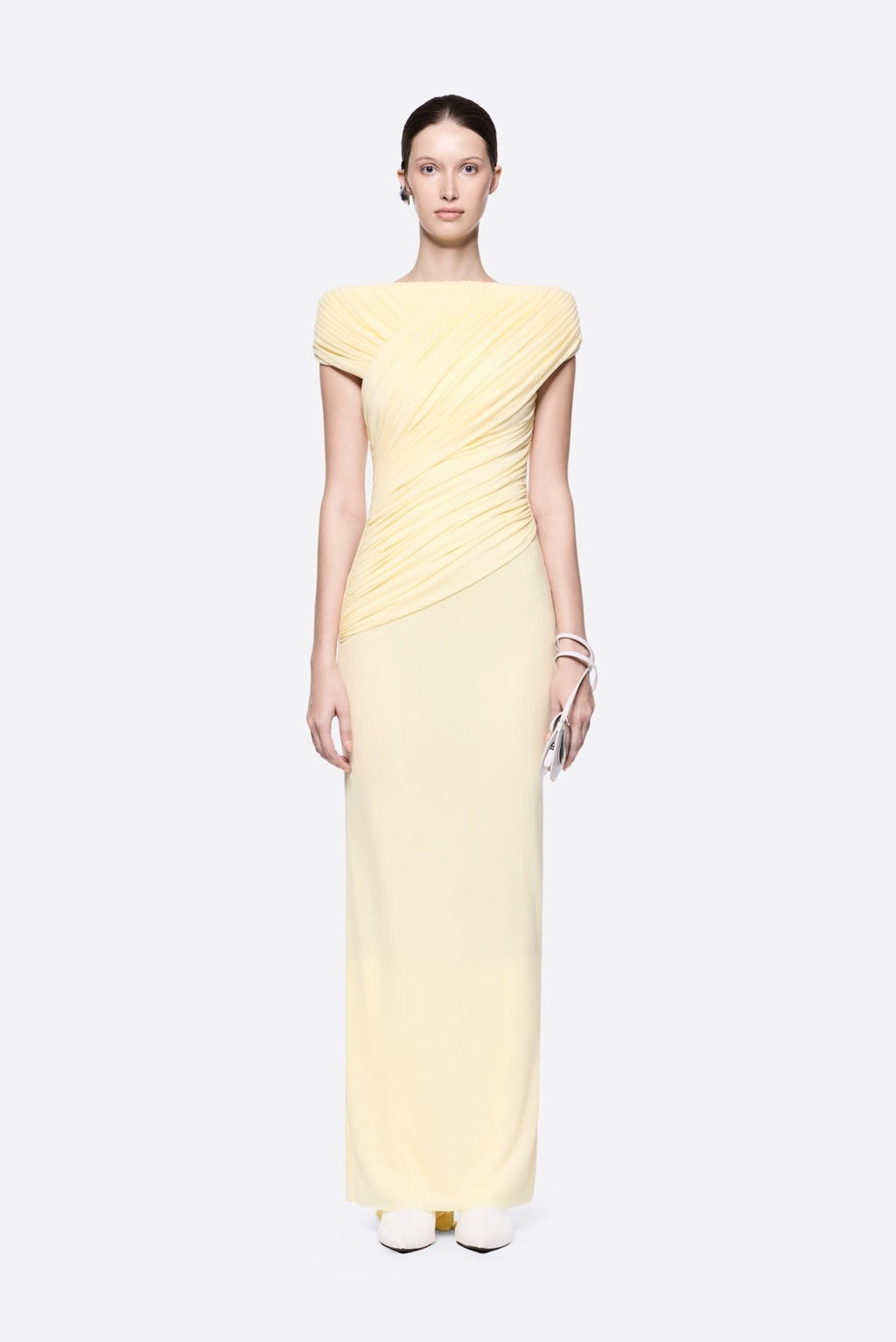 Diagonal Draped Ruched Bodice Sleeveless Floor Length Dress - MAYMOONLY