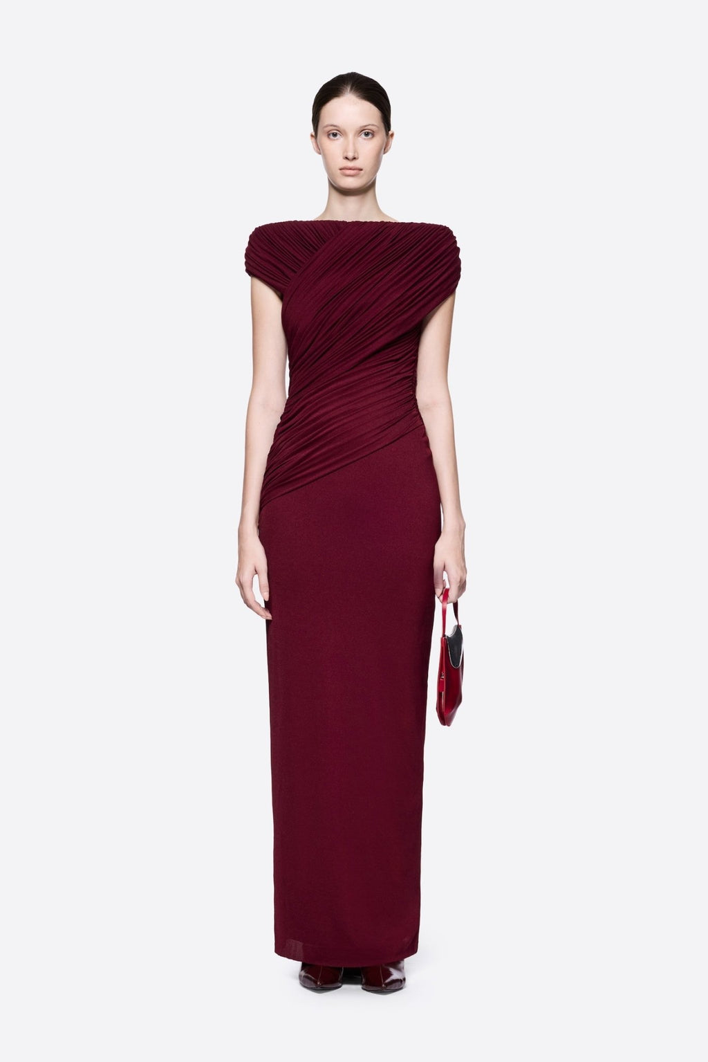 Diagonal Draped Ruched Bodice Sleeveless Floor Length Dress - MAYMOONLY