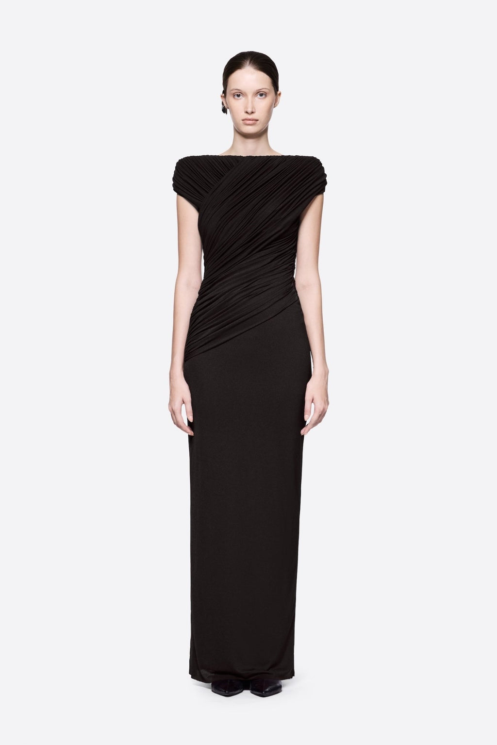 Diagonal Draped Ruched Bodice Sleeveless Floor Length Dress - MAYMOONLY