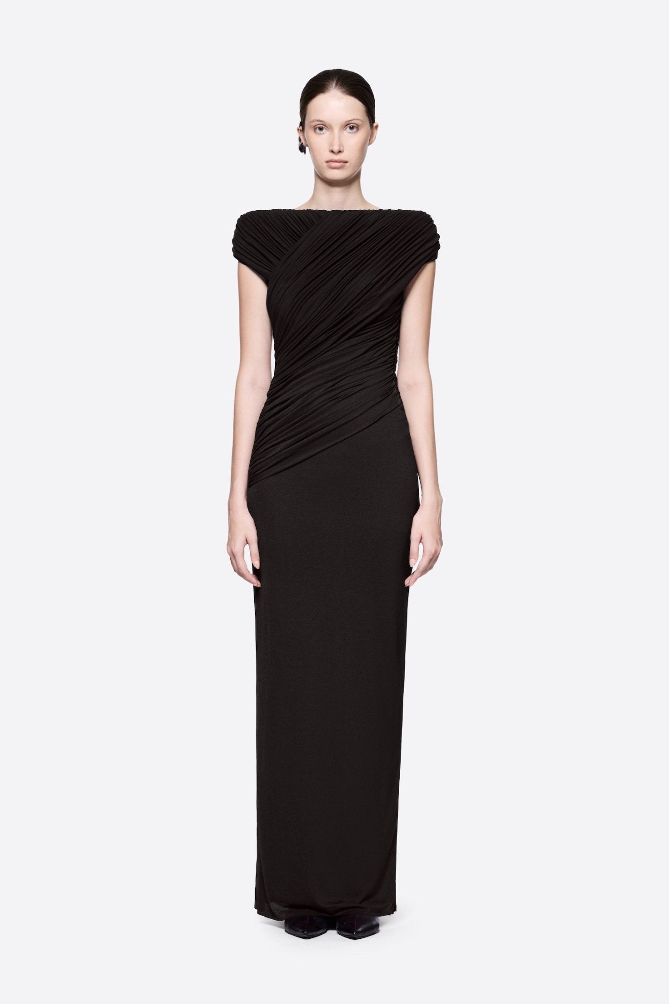 Diagonal Draped Ruched Bodice Sleeveless Floor Length Dress - MAYMOONLY