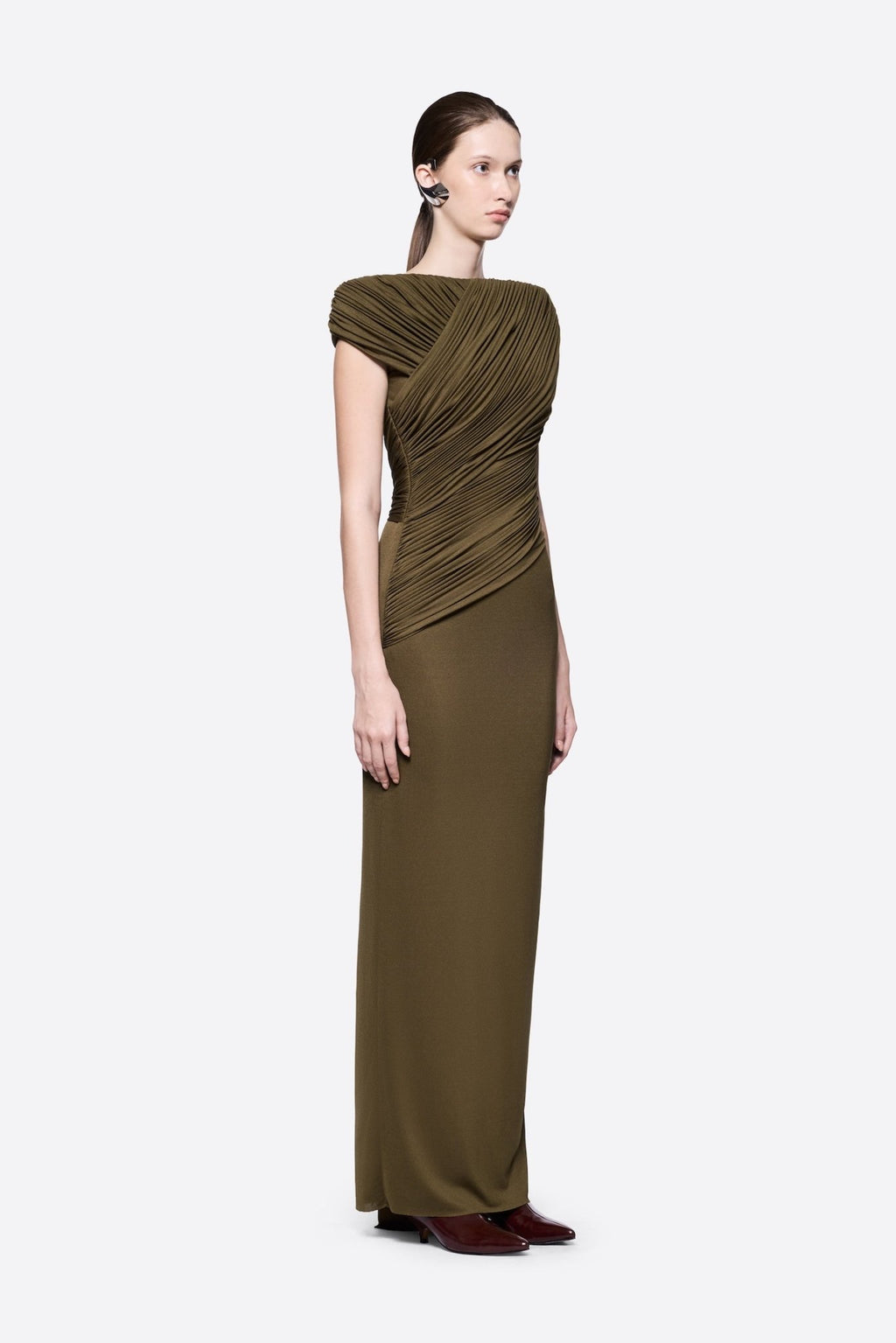 Diagonal Draped Ruched Bodice Sleeveless Floor Length Dress - MAYMOONLY
